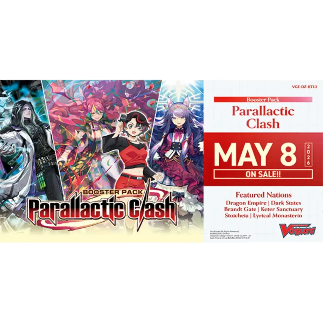 Parallactic clash booster box featuring vibrant anime characters with bold red black and white text on glossy cardstock for cardfight vanguard divinez