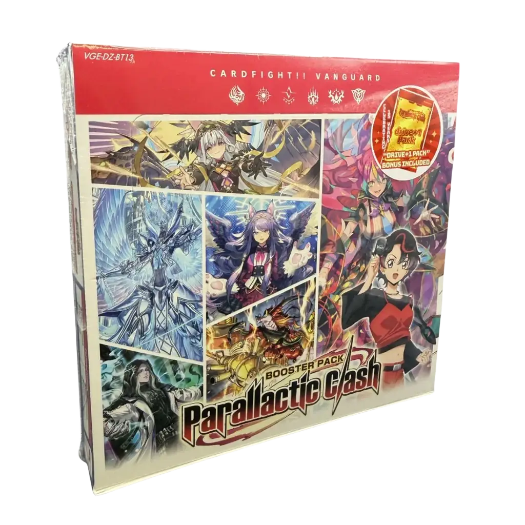 Red and white cardfight vanguard divinez parallactic clash booster box featuring anime character artwork