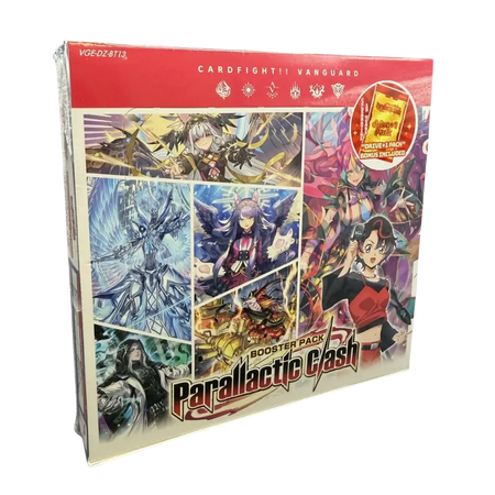 Red and white cardfight vanguard divinez parallactic clash booster box featuring anime character artwork