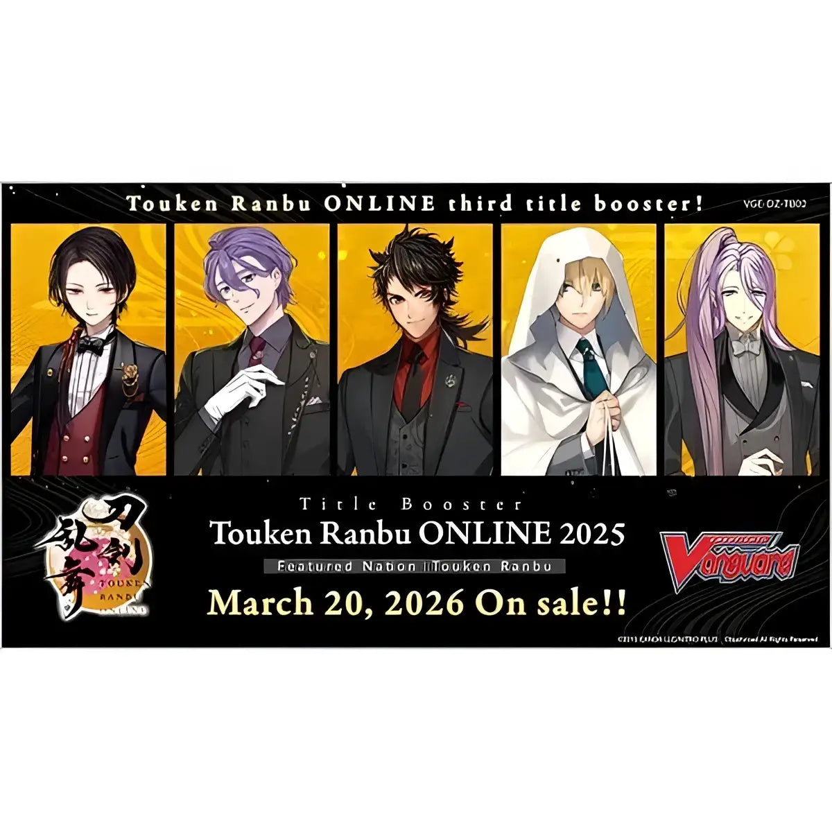 Black and gold promotional banner for touken ranbu online tb02 english booster featuring five characters in formal attire