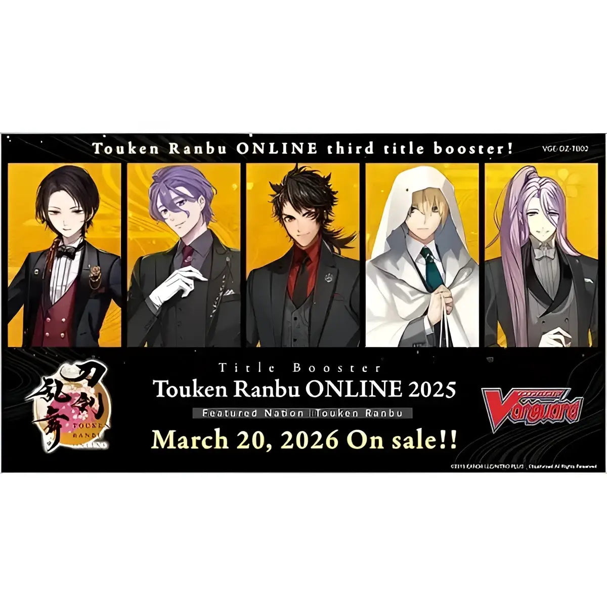 Black and gold touken ranbu online tb02 english booster banner featuring five characters in formal attire from touken ranbu universe