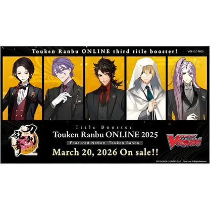 Black and gold touken ranbu online tb02 english booster banner featuring five characters in formal attire from touken ranbu universe
