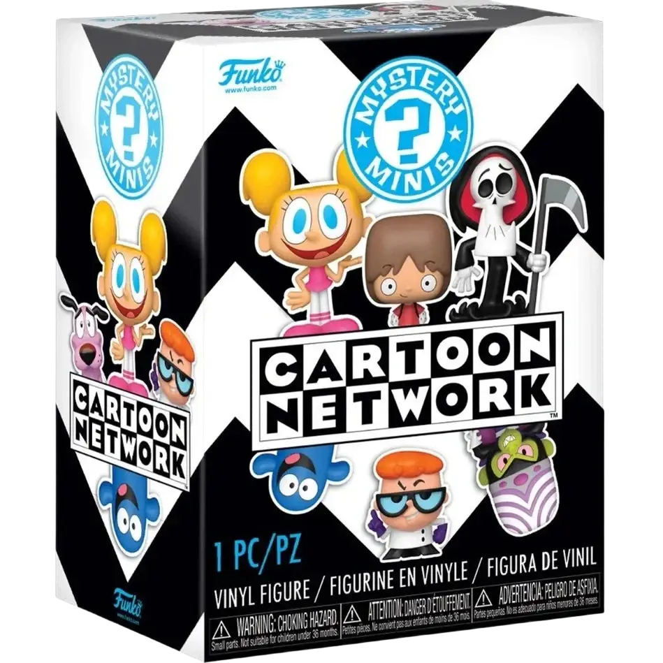 Black and white checkered box featuring Cartoon Network mystery vinyl stylized mini figures from network mystery minis collection