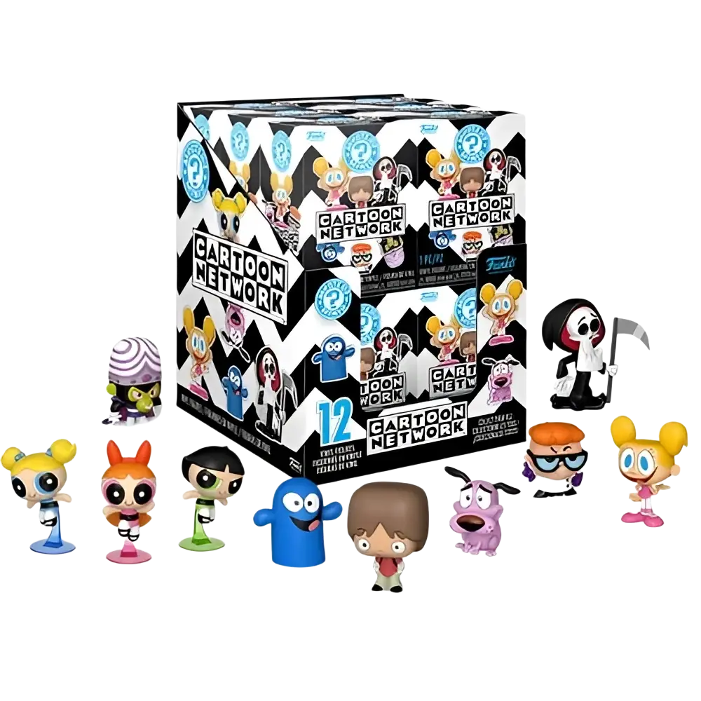 Cartoon Network mystery minis stylized mini colorful plastic collectible figurines in black and white box with 12 characters