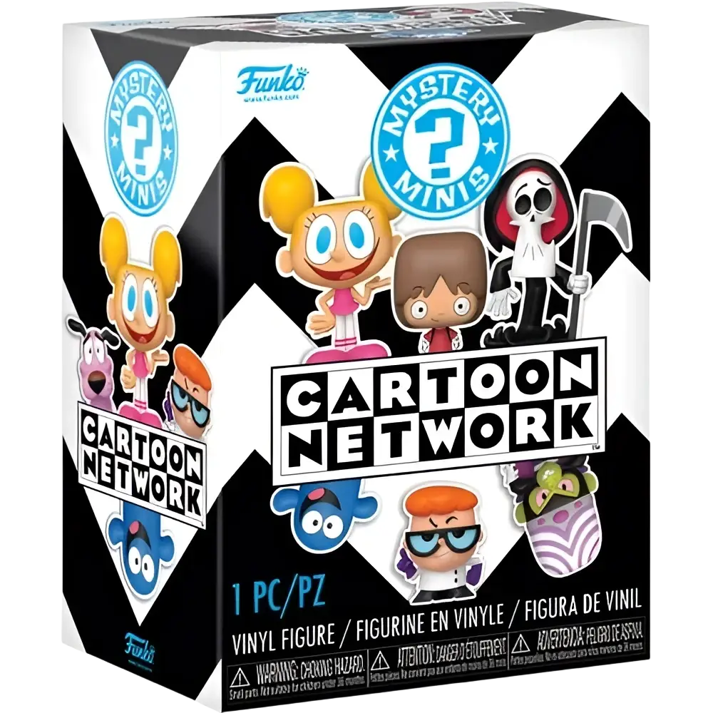 Cartoon network mystery minis vinyl figure box with black white chevron design and colorful stylized mini illustrations