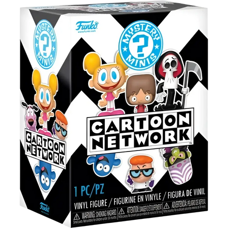 Cartoon network mystery minis vinyl figure box with black white chevron design and colorful stylized mini illustrations