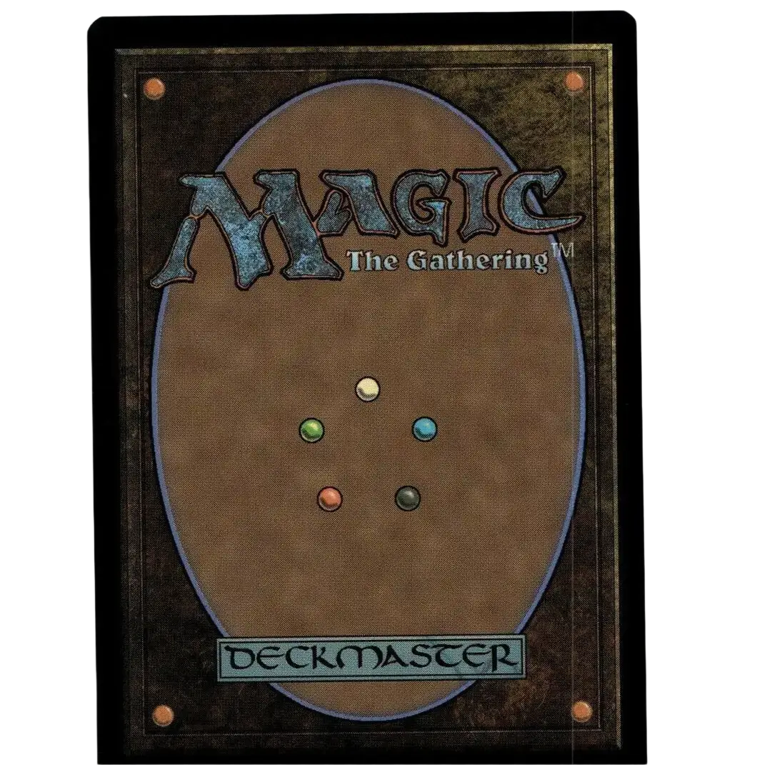 Back of a foil magic the gathering deckmaster card with brown oval center and five colored dots, casey jones teenage mutant ninja turtles