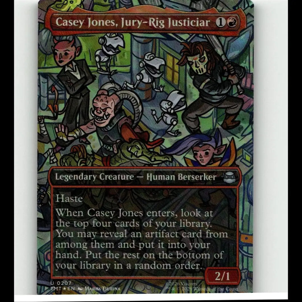 A vibrant foil trading card of casey jones jury rig justiciar from teenage mutant ninja turtles mtg series