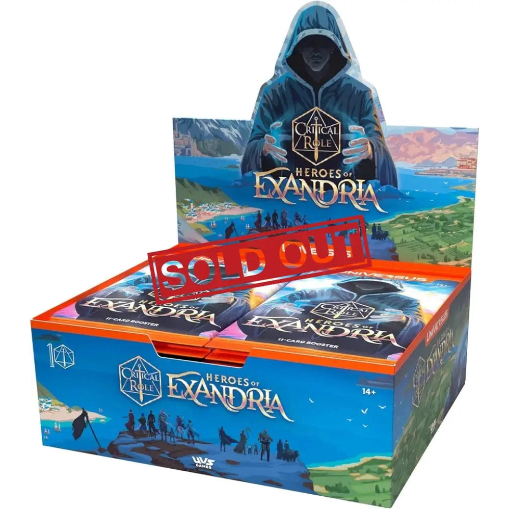 A sold-out display box of Critical Role: Heroes of Exandria trading card game boosters.