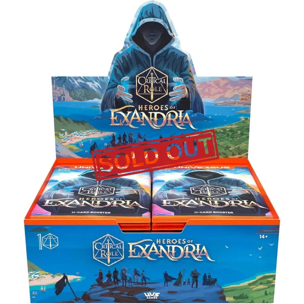 A retail display box of ’Critical Role Heroes of Exandria’ trading card booster packs, marked ’SOLD OUT’.