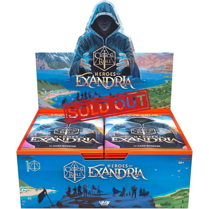 A retail display box of ’Critical Role Heroes of Exandria’ trading card booster packs, marked ’SOLD OUT’.