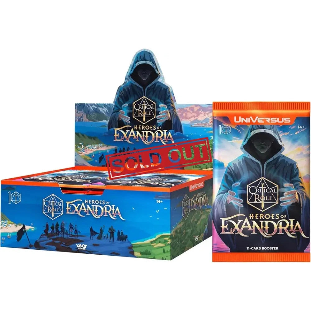A Critical Role: Heroes of Exandria trading card game booster box and individual booster pack.