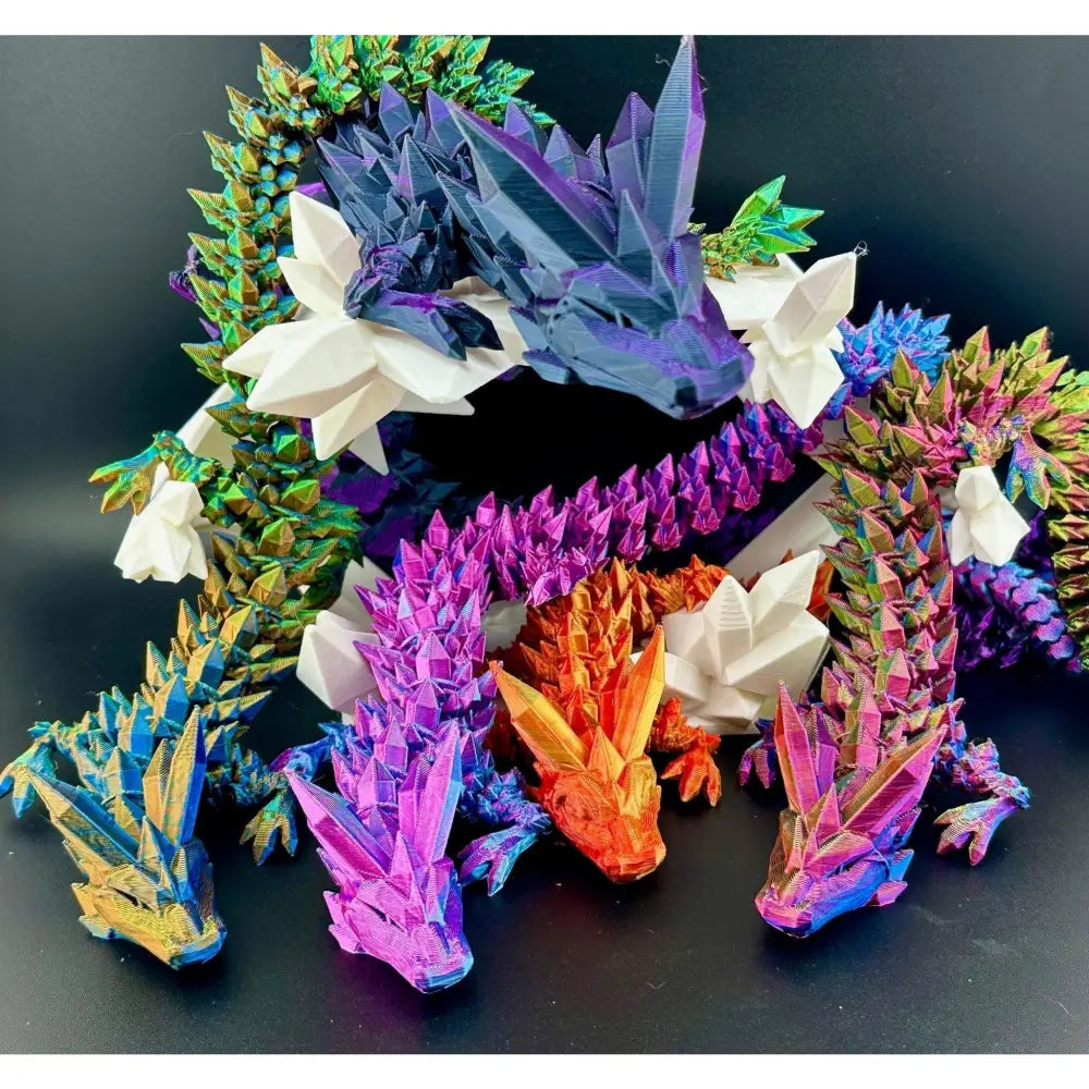 Colorful crystal dragon figurines.