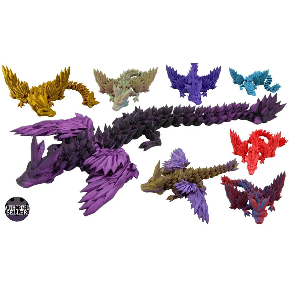 Colorful articulated crystal dragon figurines.
