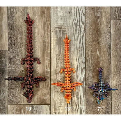 Three dragon-themed decorative swords.