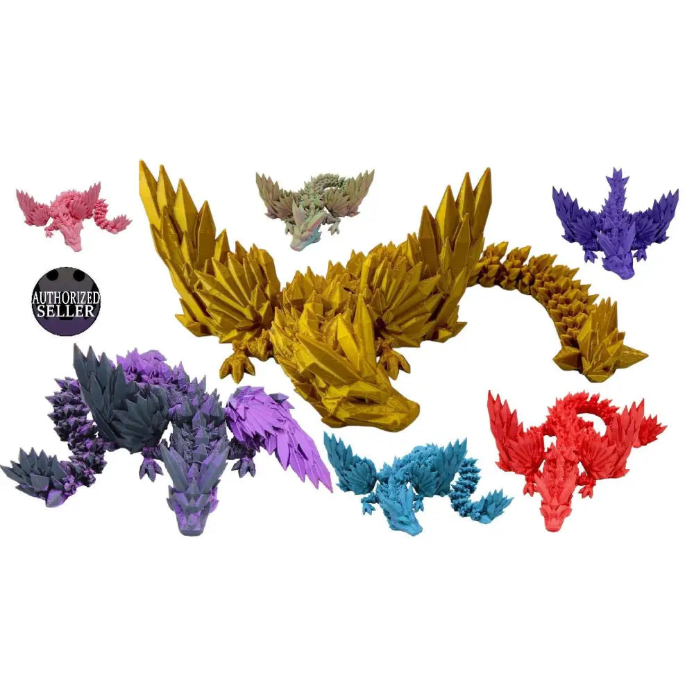 Colorful crystal dragon figurines.