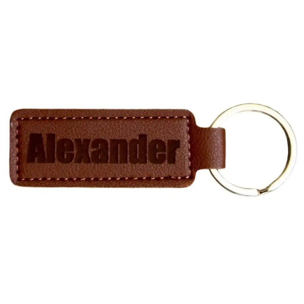 Brown leather keychain with ’Alexander’ engraved.