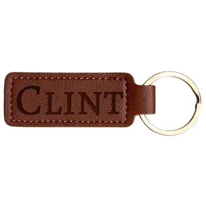Brown leather keychain with ’CLINT’.