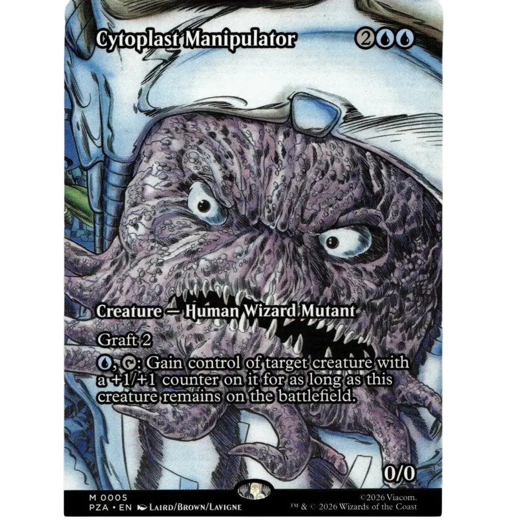 A dark purple cytoplast manipulator with sharp teeth and glasses on a teenage mutant ninja turtles tmnt trading card