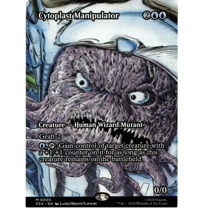 A dark purple cytoplast manipulator with sharp teeth and glasses on a teenage mutant ninja turtles tmnt trading card