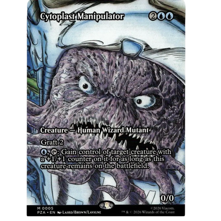 A dark purple cytoplast manipulator with sharp teeth and glasses on a teenage mutant ninja turtles tmnt trading card