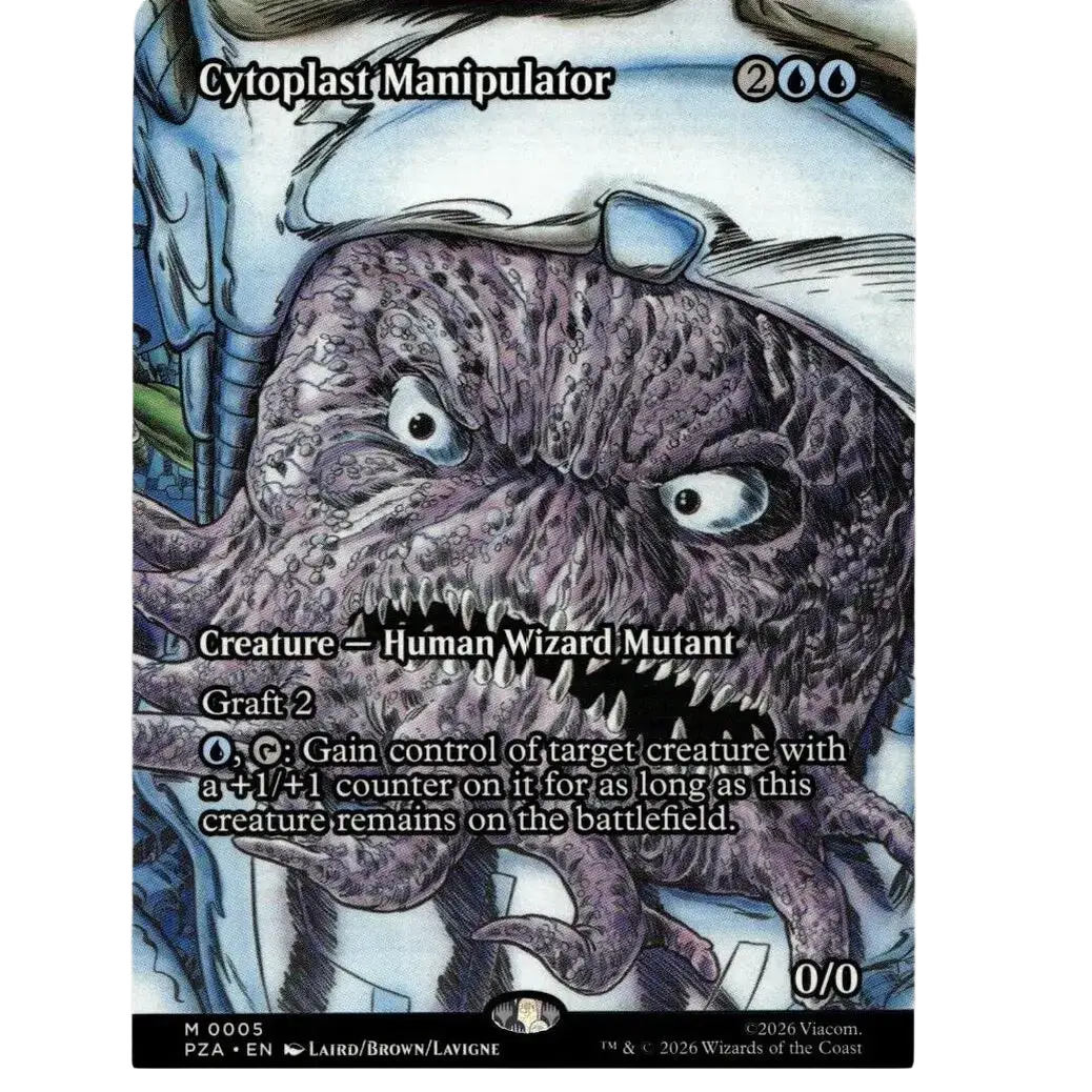 A dark purple cytoplast manipulator creature with sharp teeth and glasses on a teenage mutant ninja turtles tmnt card