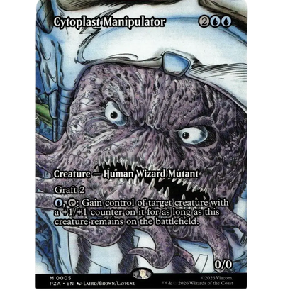 A dark purple cytoplast manipulator creature with sharp teeth and glasses on a teenage mutant ninja turtles tmnt card