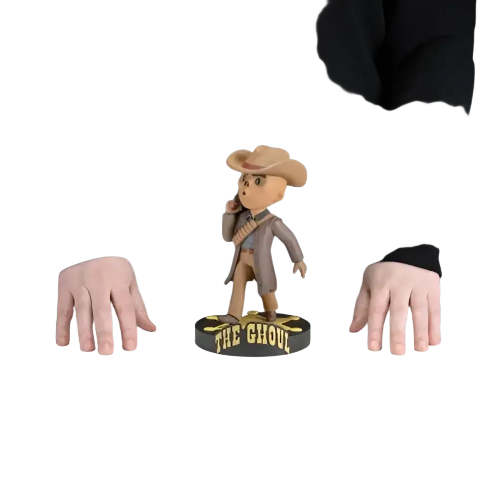 A tan cowboy-themed bobblehead figurine with a brown hat and gray coat, standing on a black base engraved with ’the ghoul’ in gold lettering.
