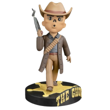 A tan cowboy-themed bobblehead figure with a skull face, holding a silver revolver and wearing a brown coat over beige pants.