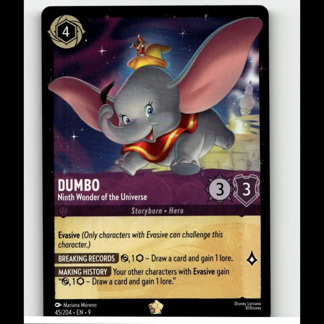 A gray disney lorcana dumbo trading card featuring a cartoon elephant with pink ears and a red gold scarf against stars