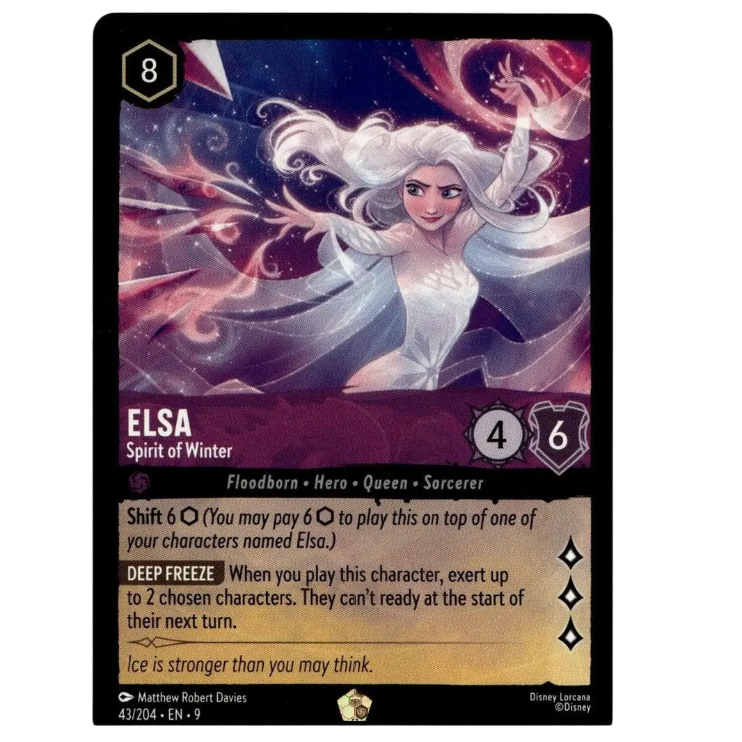 A disney lorcana elsa trading card 43/204 featuring elsa spirit of winter with white hair and flowing gown on cosmic background
