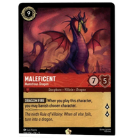 Dark purple disney lorcana fabled maleficent monstrous dragon trading card with red gold accents and fiery background illustration