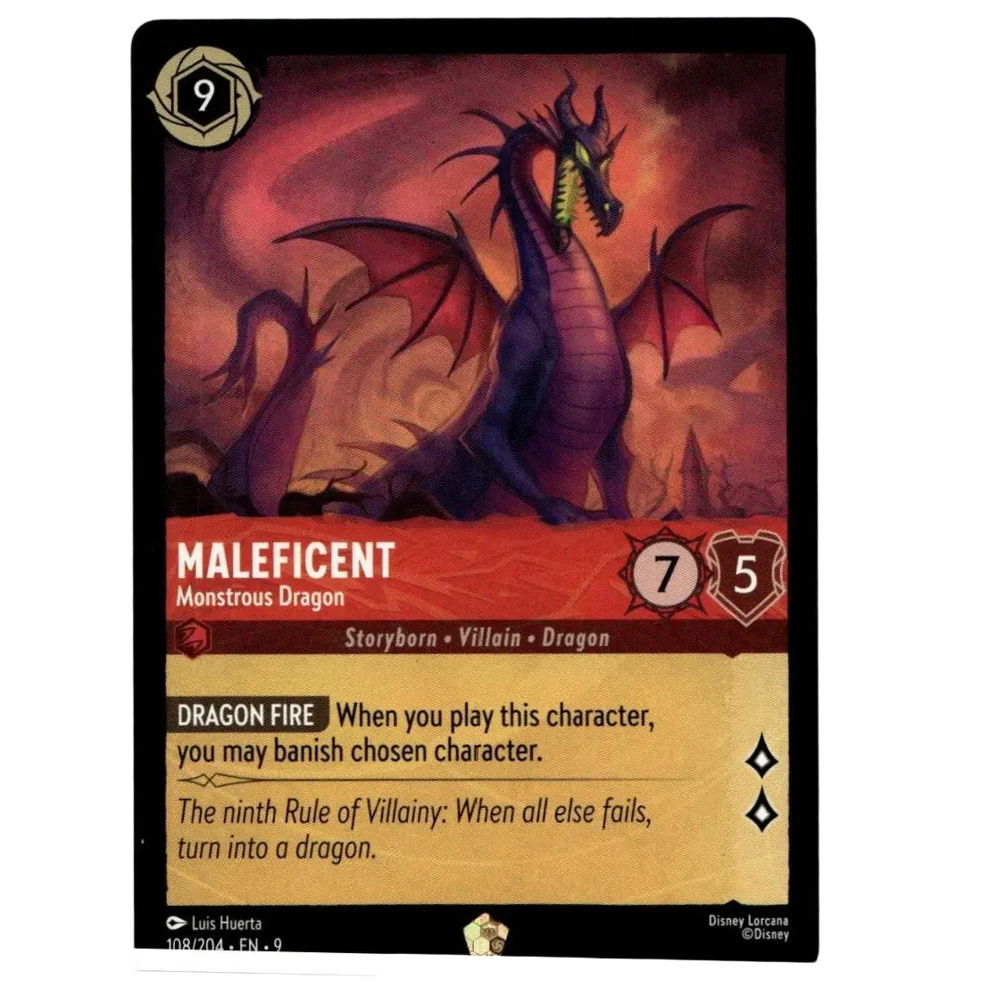 Dark purple disney lorcana fabled maleficent monstrous dragon trading card with red gold accents and fiery background illustration