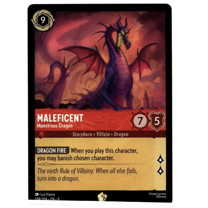 Dark purple disney lorcana fabled maleficent monstrous dragon trading card with red gold accents and fiery background illustration