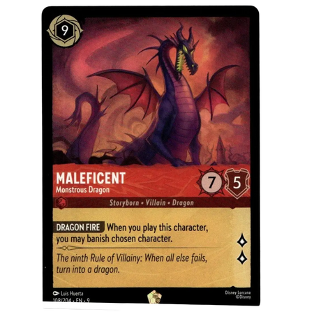 Dark purple disney lorcana fabled maleficent monstrous dragon trading card with red gold accents and fiery background illustration