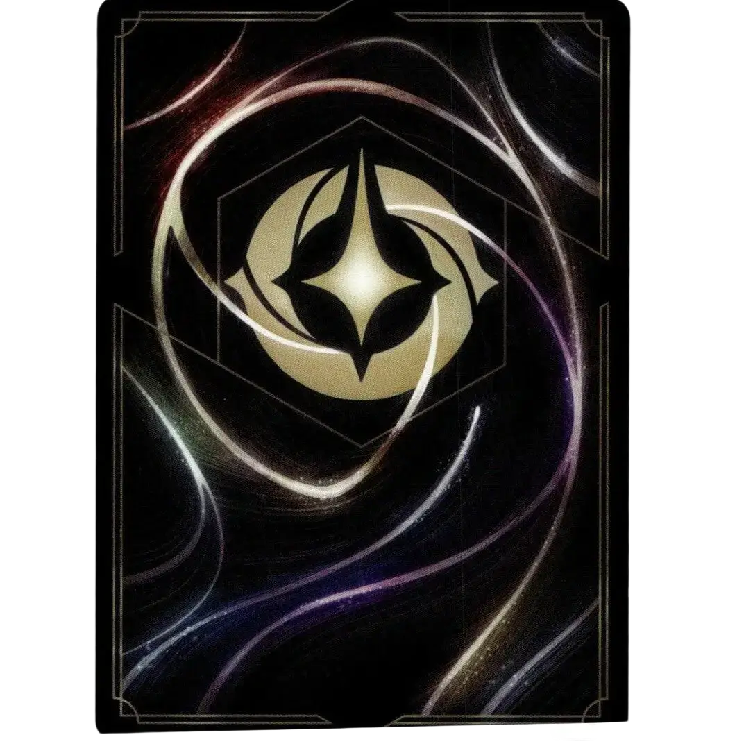 A sleek black disney lorcana fabled card featuring a glowing gold emblem with purple and silver energy patterns maleficent monstrous dragon