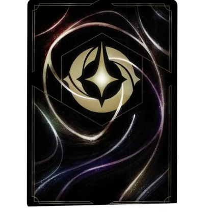 A sleek black disney lorcana fabled card featuring a glowing gold emblem with purple and silver energy patterns maleficent monstrous dragon