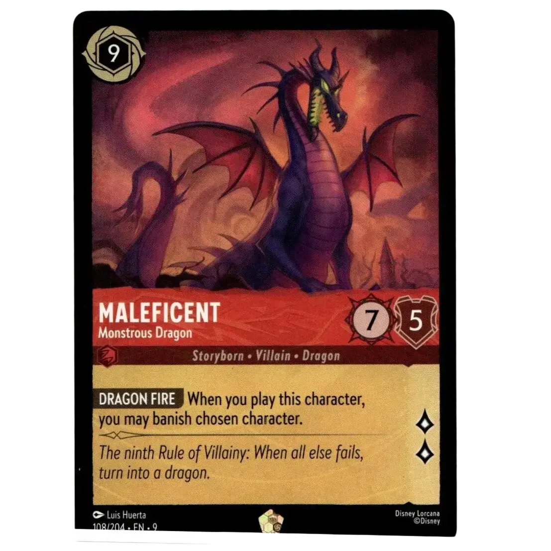 Dark purple disney lorcana fabled maleficent monstrous dragon trading card with red wings green eyes and dragon fire ability