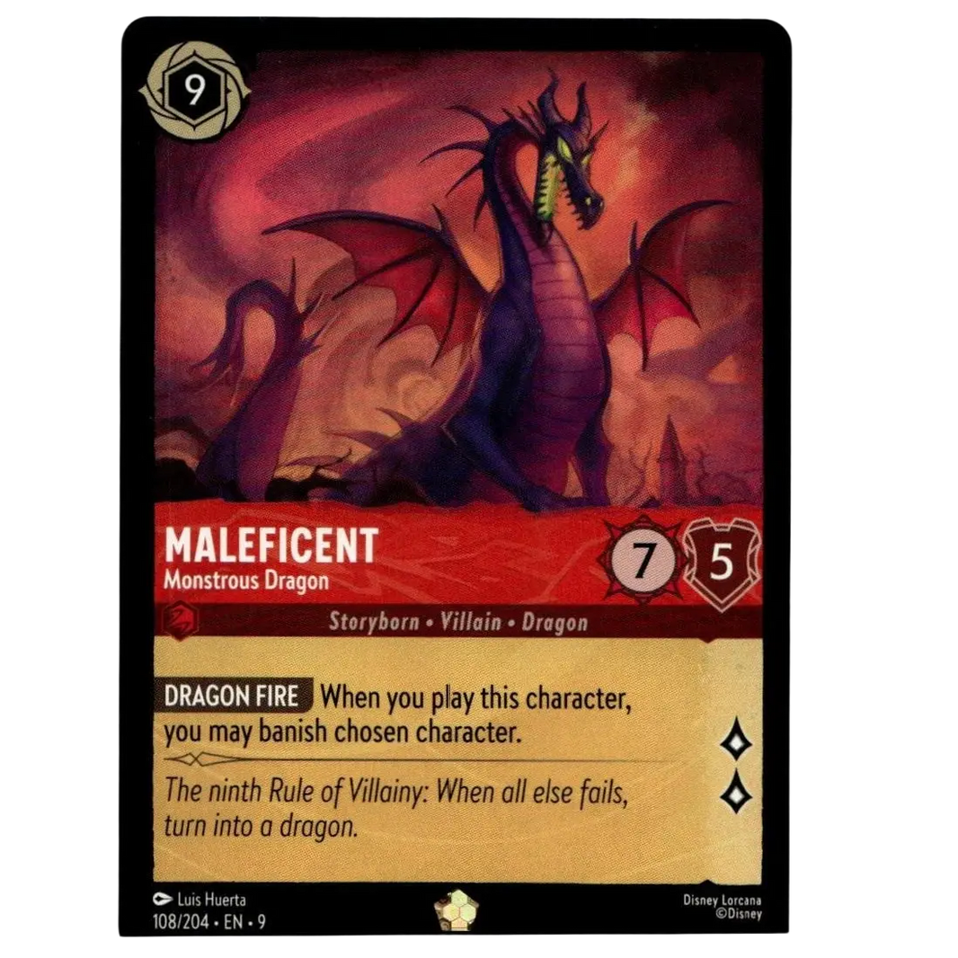 Disney Lorcana Fabled maleficent monstrous dragon trading card with dark purple and red design and glowing green eyes