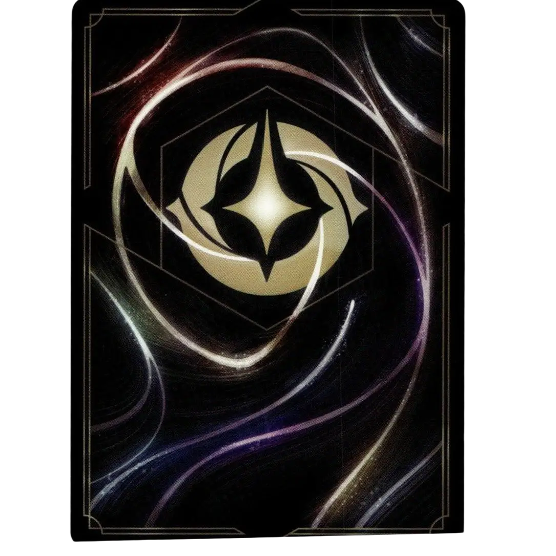 A sleek black disney lorcana fabled card with a glowing gold emblem and swirling silver purple energy patterns maleficent monstrous dragon