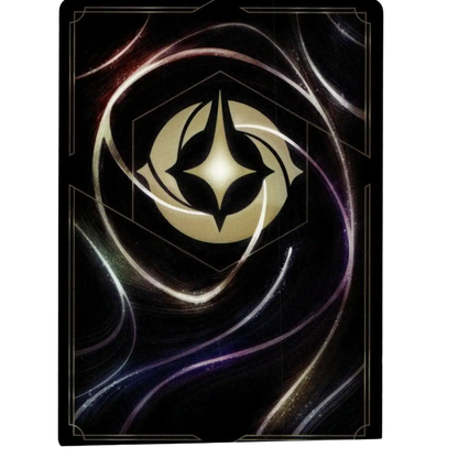 A sleek black disney lorcana fabled card with a glowing gold emblem and swirling silver purple energy patterns maleficent monstrous dragon