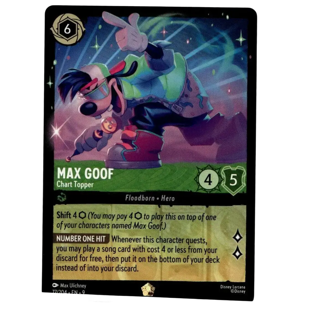 A vibrant disney lorcana fabled max goof trading card in green and red with goggles featuring cold foil legendary design