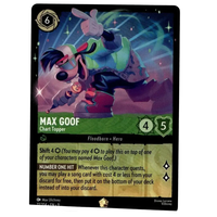 A vibrant disney lorcana fabled max goof trading card in green and red with goggles featuring cold foil legendary design