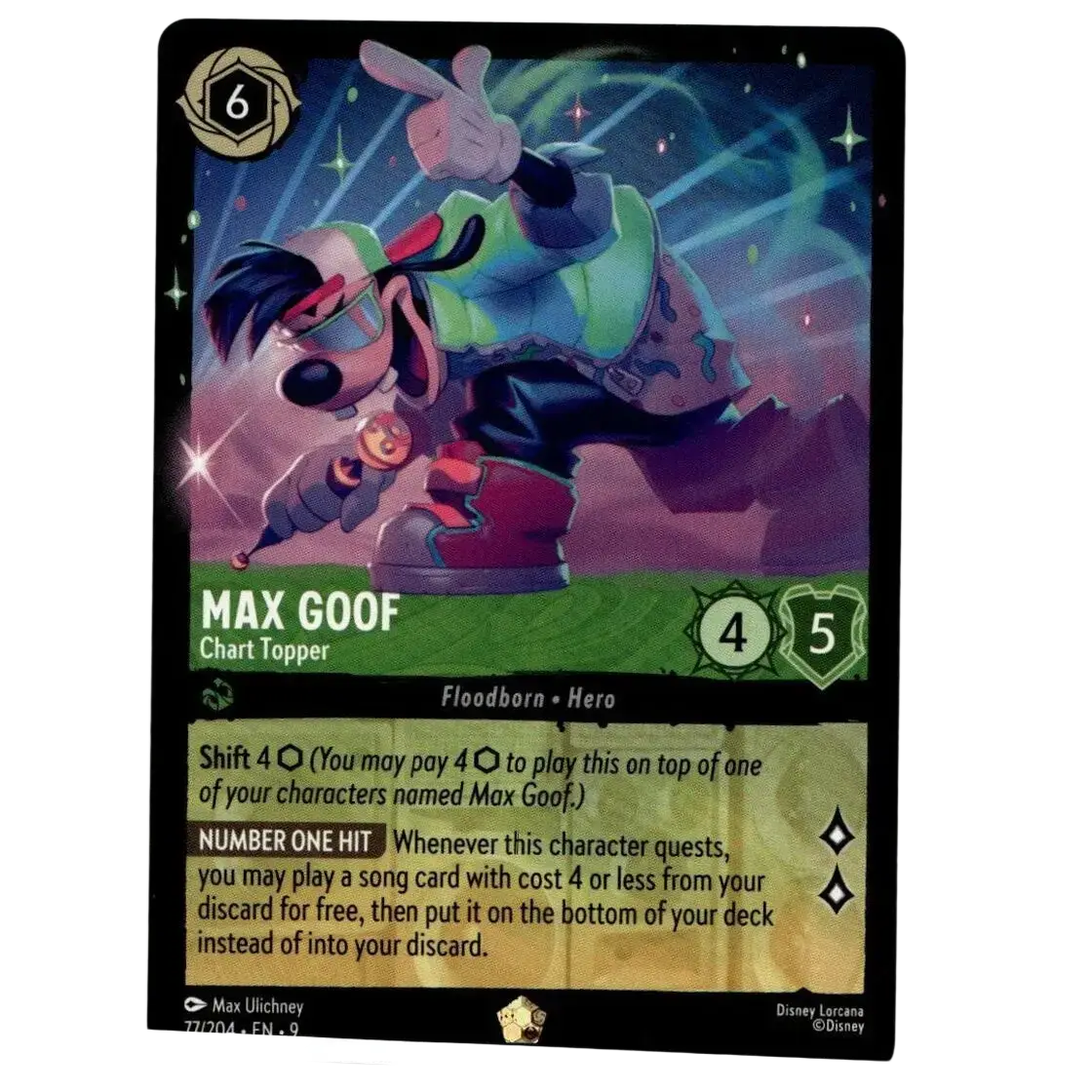 A vibrant disney lorcana fabled max goof trading card in green and red with goggles featuring cold foil legendary design