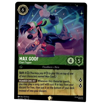 A vibrant disney lorcana fabled max goof trading card in green and red with goggles featuring cold foil legendary design