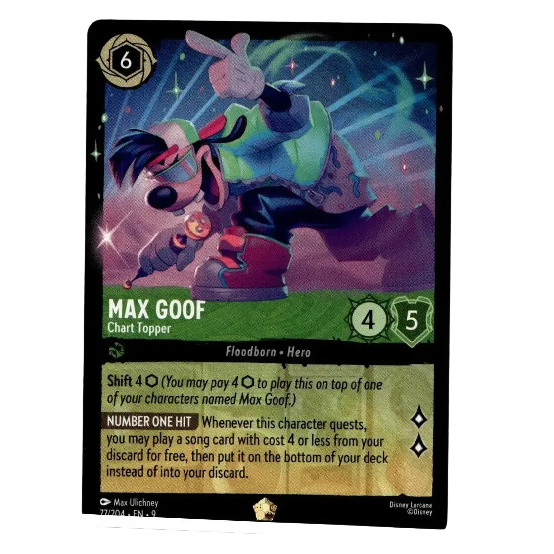 Disney Lorcana Fabled Max Goof cold foil legendary trading card featuring character in green and red attire with cosmic background