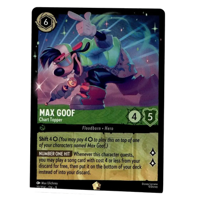 Disney Lorcana Fabled Max Goof cold foil legendary trading card featuring character in green and red attire with cosmic background
