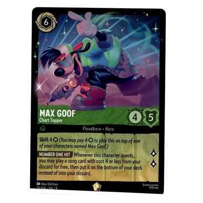 Disney Lorcana Fabled Max Goof trading card featuring cold foil legendary design with green and red attire and sunglasses