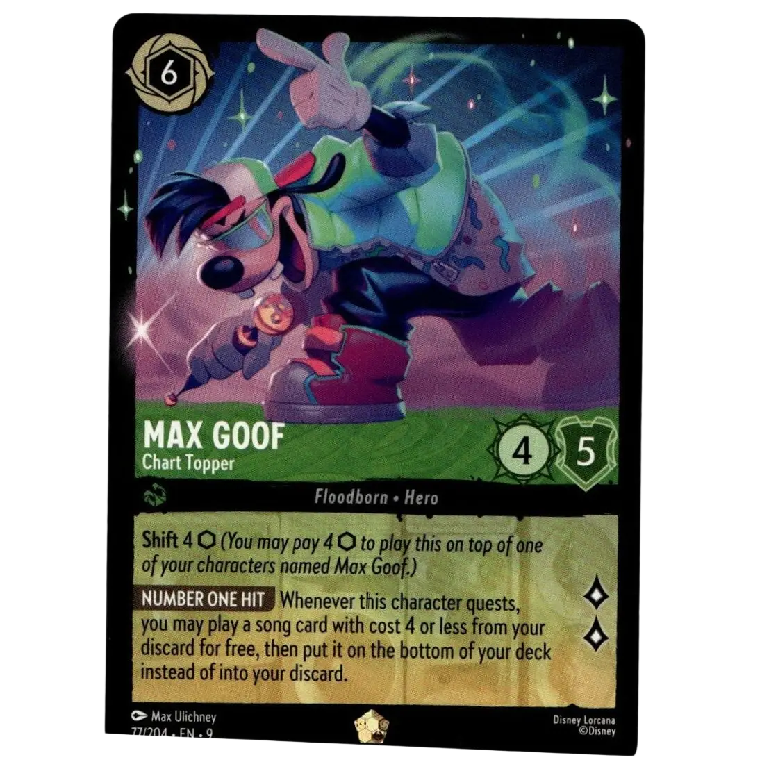 A vibrant disney lorcana fabled max goof cold foil legendary trading card with glowing effects and colorful attire
