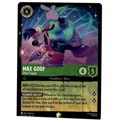A vibrant disney lorcana fabled max goof cold foil legendary trading card with glowing effects and colorful attire